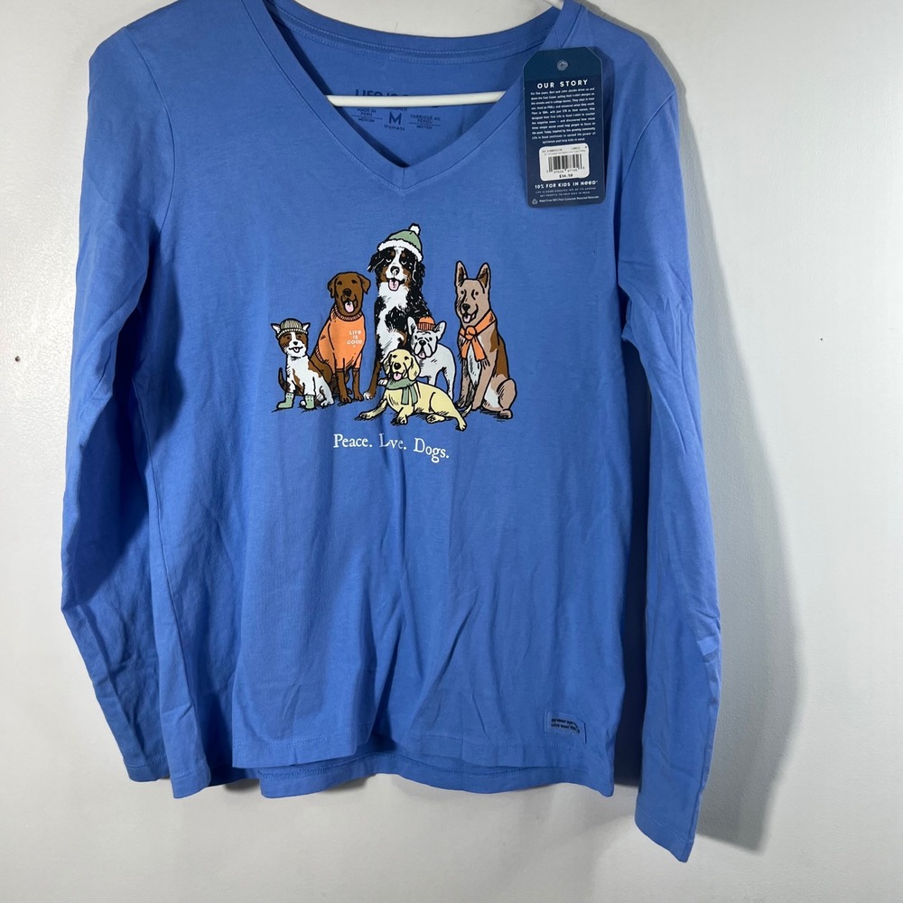 W Life is Good Crusher Vee Long Sleeve Tee Peace Love Dogs M Cornflower Blue NWT